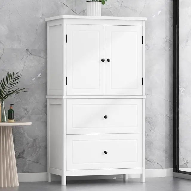 Alt view image 5 of 7 - Bathroom Storage Cabinet, Cabinet with Two Doors and Drawers, Adjustable Shelf, MDF Board, White