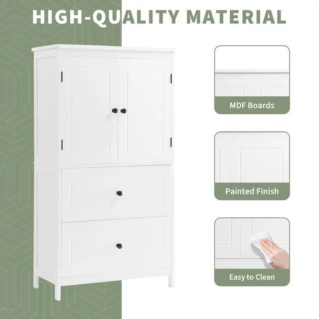 Alt view image 6 of 7 - Bathroom Storage Cabinet, Cabinet with Two Doors and Drawers, Adjustable Shelf, MDF Board, White