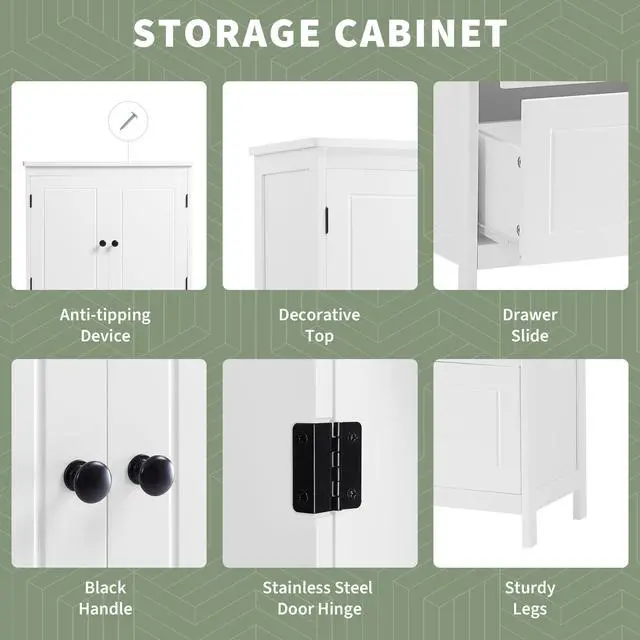 Alt view image 7 of 7 - Bathroom Storage Cabinet, Cabinet with Two Doors and Drawers, Adjustable Shelf, MDF Board, White