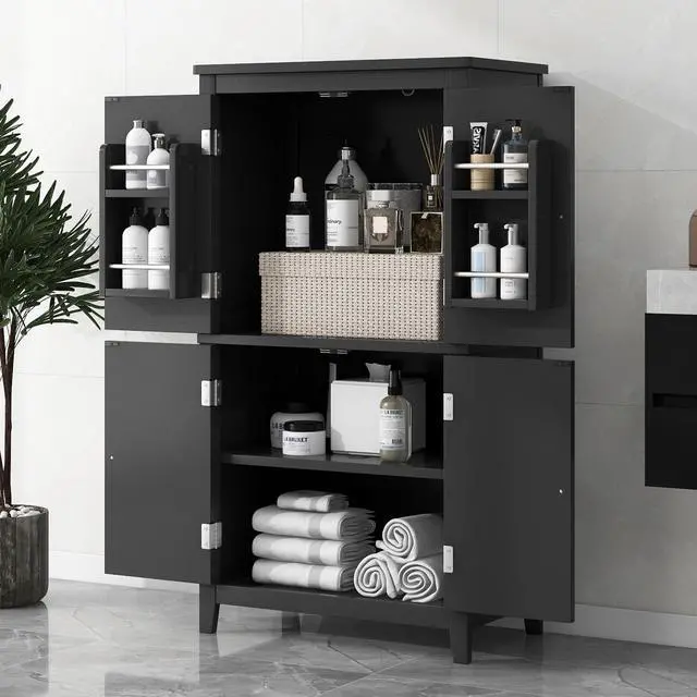 Alt view image 2 of 7 - Elegant Bathroom Floor Storage Cabinet, Bathroom Storage Unit, Freestanding Cabinet with 4 Doors, Adjustable Shelves, Adaptable Shelves, Black