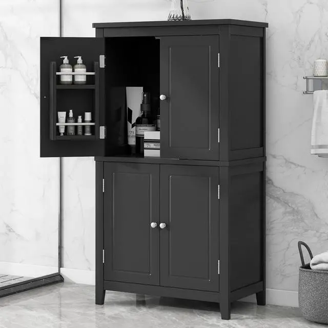 Alt view image 5 of 7 - Elegant Bathroom Floor Storage Cabinet, Bathroom Storage Unit, Freestanding Cabinet with 4 Doors, Adjustable Shelves, Adaptable Shelves, Black