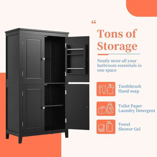 Alt view image 6 of 7 - Elegant Bathroom Floor Storage Cabinet, Bathroom Storage Unit, Freestanding Cabinet with 4 Doors, Adjustable Shelves, Adaptable Shelves, Black