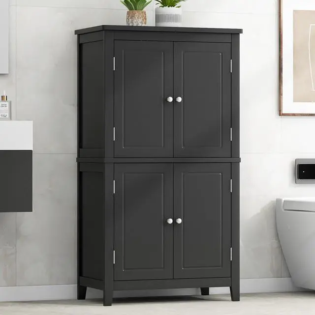 Alt view image 4 of 7 - Elegant Bathroom Floor Storage Cabinet, Bathroom Storage Unit, Freestanding Cabinet with 4 Doors, Adjustable Shelves, Adaptable Shelves, Black