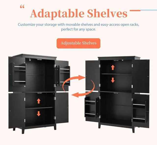 Alt view image 7 of 7 - Elegant Bathroom Floor Storage Cabinet, Bathroom Storage Unit, Freestanding Cabinet with 4 Doors, Adjustable Shelves, Adaptable Shelves, Black
