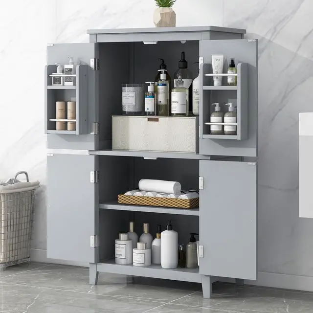 Alt view image 2 of 7 - Elegant Bathroom Floor Storage Cabinet, Bathroom Storage Unit, Freestanding Cabinet with 4 Doors, Adjustable Shelves, Adaptable Shelves, Grey