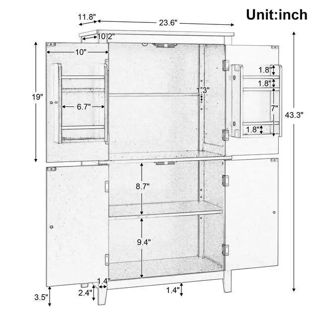 Alt view image 3 of 7 - Elegant Bathroom Floor Storage Cabinet, Bathroom Storage Unit, Freestanding Cabinet with 4 Doors, Adjustable Shelves, Adaptable Shelves, Grey