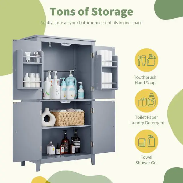 Alt view image 6 of 7 - Elegant Bathroom Floor Storage Cabinet, Bathroom Storage Unit, Freestanding Cabinet with 4 Doors, Adjustable Shelves, Adaptable Shelves, Grey