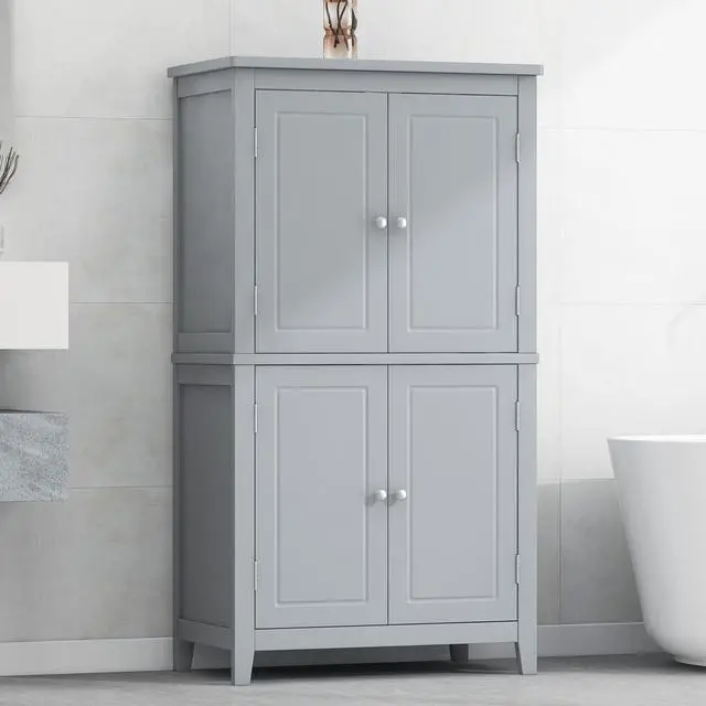 Alt view image 4 of 7 - Elegant Bathroom Floor Storage Cabinet, Bathroom Storage Unit, Freestanding Cabinet with 4 Doors, Adjustable Shelves, Adaptable Shelves, Grey