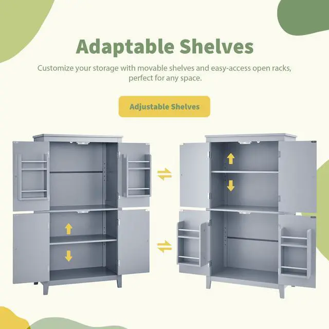 Alt view image 7 of 7 - Elegant Bathroom Floor Storage Cabinet, Bathroom Storage Unit, Freestanding Cabinet with 4 Doors, Adjustable Shelves, Adaptable Shelves, Grey