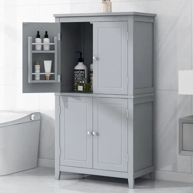 Alt view image 5 of 7 - Elegant Bathroom Floor Storage Cabinet, Bathroom Storage Unit, Freestanding Cabinet with 4 Doors, Adjustable Shelves, Adaptable Shelves, Grey