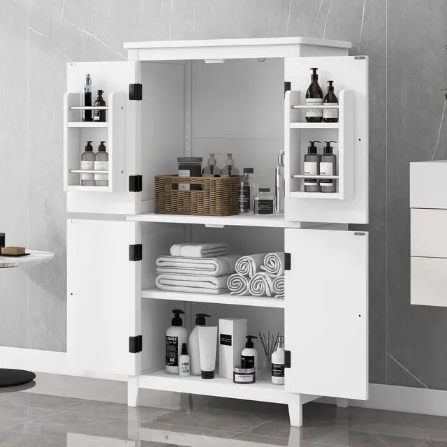 Alt view image 2 of 7 - Elegant Bathroom Floor Storage Cabinet, Bathroom Storage Unit, Freestanding Cabinet with 4 Doors, Adjustable Shelves, Adaptable Shelves, White