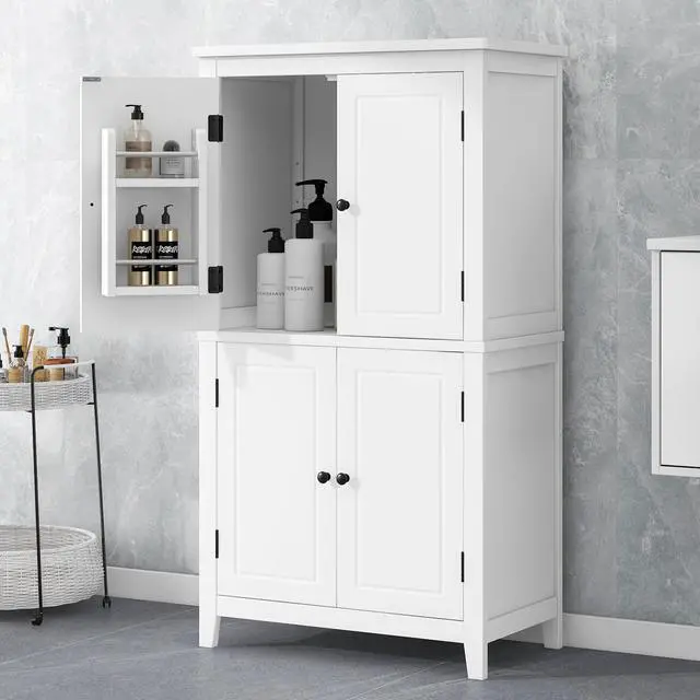 Alt view image 4 of 7 - Elegant Bathroom Floor Storage Cabinet, Bathroom Storage Unit, Freestanding Cabinet with 4 Doors, Adjustable Shelves, Adaptable Shelves, White