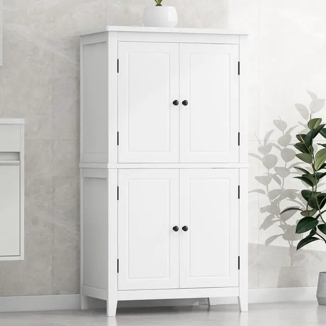Alt view image 5 of 7 - Elegant Bathroom Floor Storage Cabinet, Bathroom Storage Unit, Freestanding Cabinet with 4 Doors, Adjustable Shelves, Adaptable Shelves, White