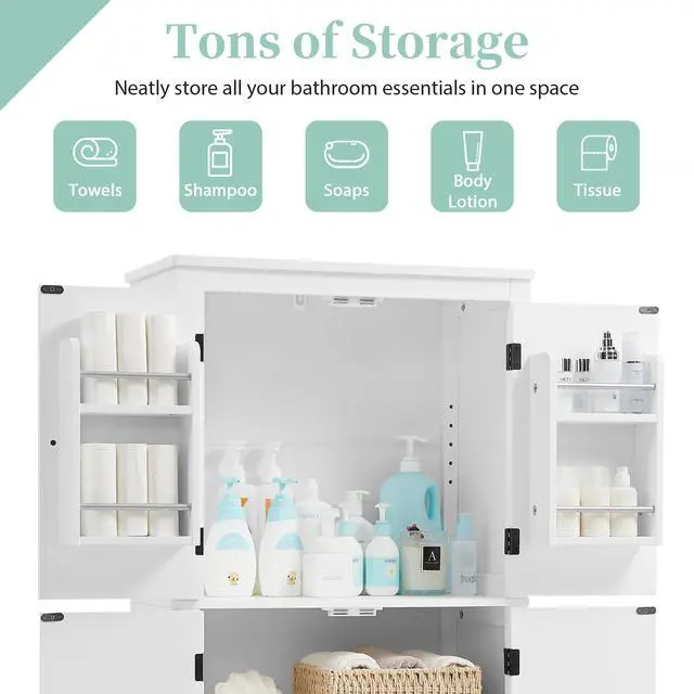 Alt view image 6 of 7 - Elegant Bathroom Floor Storage Cabinet, Bathroom Storage Unit, Freestanding Cabinet with 4 Doors, Adjustable Shelves, Adaptable Shelves, White