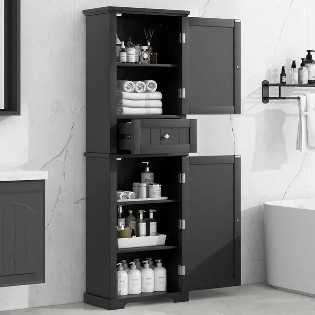 Alt view image 2 of 7 - Tall Bathroom Storage Cabinet, Freestanding Storage Cabinet with Drawer and Adjustable Shelf, MDF Board with Painted Finish, Black (Old Sku:WF312727AAB)