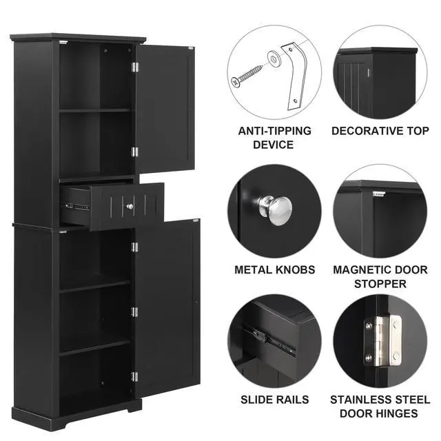 Alt view image 5 of 7 - Tall Bathroom Storage Cabinet, Freestanding Storage Cabinet with Drawer and Adjustable Shelf, MDF Board with Painted Finish, Black (Old Sku:WF312727AAB)