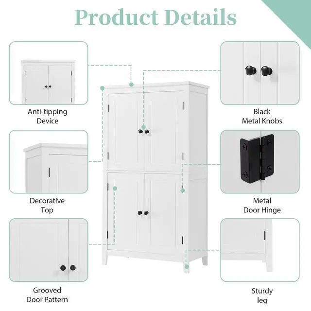 Alt view image 7 of 7 - Elegant Bathroom Floor Storage Cabinet, Bathroom Storage Unit, Freestanding Cabinet with 4 Doors, Adjustable Shelves, Adaptable Shelves, White