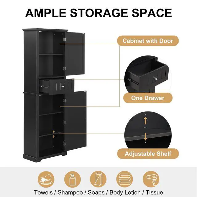 Alt view image 7 of 7 - Tall Bathroom Storage Cabinet, Freestanding Storage Cabinet with Drawer and Adjustable Shelf, MDF Board with Painted Finish, Black (Old Sku:WF312727AAB)