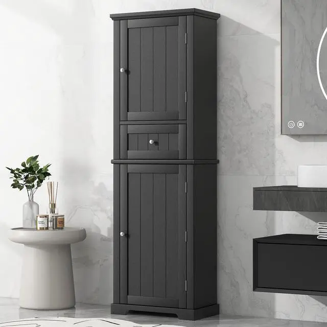 Alt view image 4 of 7 - Tall Bathroom Storage Cabinet, Freestanding Storage Cabinet with Drawer and Adjustable Shelf, MDF Board with Painted Finish, Black (Old Sku:WF312727AAB)