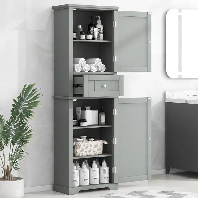 Alt view image 2 of 7 - Tall Bathroom Storage Cabinet, Freestanding Storage Cabinet with Drawer and Adjustable Shelf, MDF Board with Painted Finish, Grey (Old Sku:WF312727AAE)