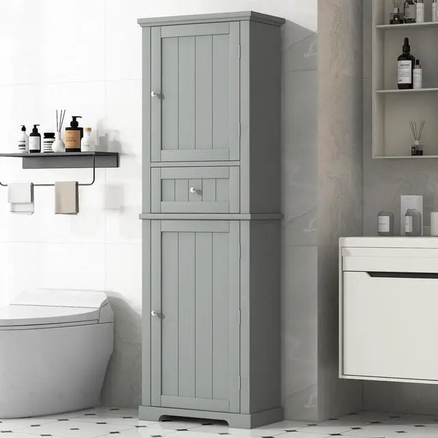Alt view image 4 of 7 - Tall Bathroom Storage Cabinet, Freestanding Storage Cabinet with Drawer and Adjustable Shelf, MDF Board with Painted Finish, Grey (Old Sku:WF312727AAE)