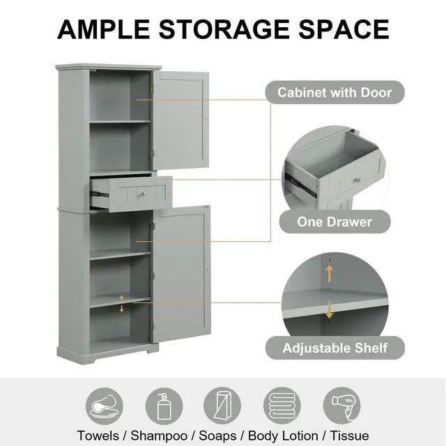 Alt view image 5 of 7 - Tall Bathroom Storage Cabinet, Freestanding Storage Cabinet with Drawer and Adjustable Shelf, MDF Board with Painted Finish, Grey (Old Sku:WF312727AAE)