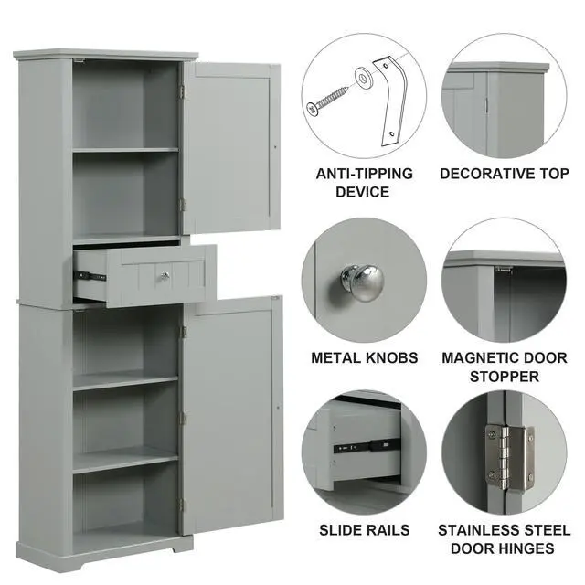 Alt view image 6 of 7 - Tall Bathroom Storage Cabinet, Freestanding Storage Cabinet with Drawer and Adjustable Shelf, MDF Board with Painted Finish, Grey (Old Sku:WF312727AAE)