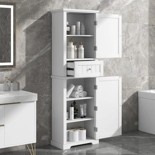 Alt view image 2 of 7 - Tall Bathroom Storage Cabinet, Freestanding Storage Cabinet with Drawer and Adjustable Shelf, MDF Board with Painted Finish, White (Old Sku:WF312727AAK)