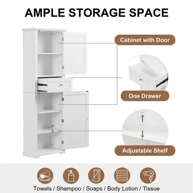 Alt view image 5 of 7 - Tall Bathroom Storage Cabinet, Freestanding Storage Cabinet with Drawer and Adjustable Shelf, MDF Board with Painted Finish, White (Old Sku:WF312727AAK)