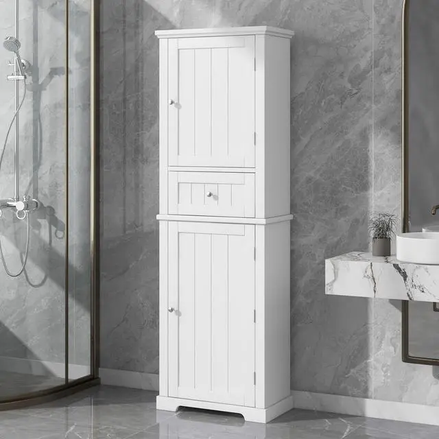 Alt view image 4 of 7 - Tall Bathroom Storage Cabinet, Freestanding Storage Cabinet with Drawer and Adjustable Shelf, MDF Board with Painted Finish, White (Old Sku:WF312727AAK)