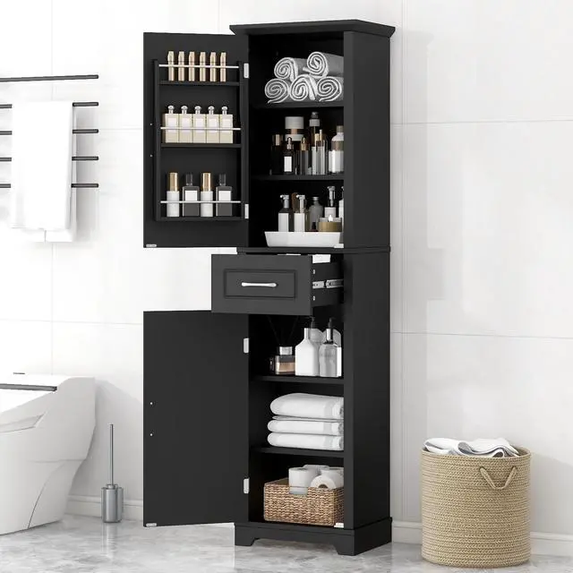 Alt view image 2 of 7 - Tall Bathroom Storage Cabinet, Freestanding Storage Cabinet with Two Doors and Adjustable Shelves, Door Shelve Design, MDF Board with Painted Finish, Black