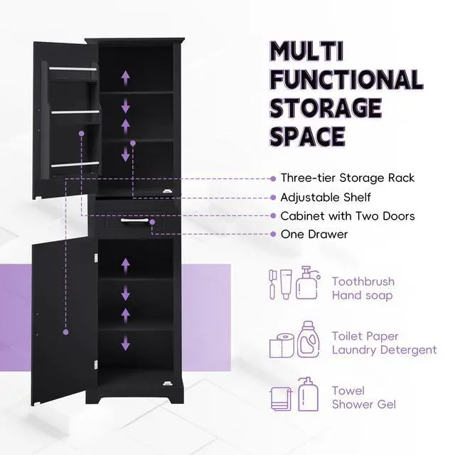 Alt view image 6 of 7 - Tall Bathroom Storage Cabinet, Freestanding Storage Cabinet with Two Doors and Adjustable Shelves, Door Shelve Design, MDF Board with Painted Finish, Black