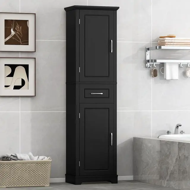 Alt view image 4 of 7 - Tall Bathroom Storage Cabinet, Freestanding Storage Cabinet with Two Doors and Adjustable Shelves, Door Shelve Design, MDF Board with Painted Finish, Black