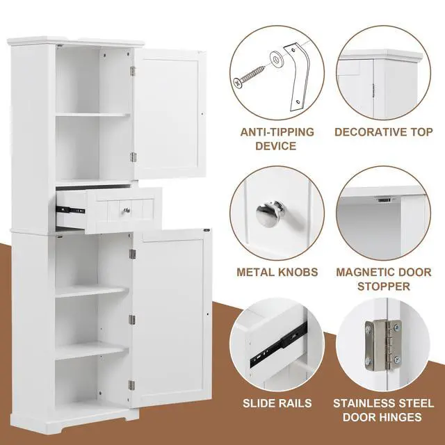 Alt view image 7 of 7 - Tall Bathroom Storage Cabinet, Freestanding Storage Cabinet with Drawer and Adjustable Shelf, MDF Board with Painted Finish, White (Old Sku:WF312727AAK)