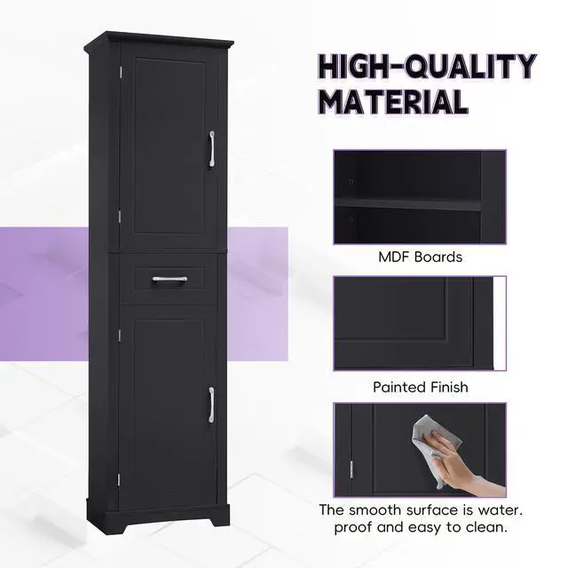 Alt view image 5 of 7 - Tall Bathroom Storage Cabinet, Freestanding Storage Cabinet with Two Doors and Adjustable Shelves, Door Shelve Design, MDF Board with Painted Finish, Black