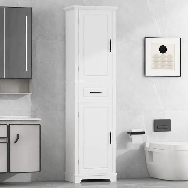 Alt view image 4 of 7 - Tall Bathroom Storage Cabinet, Freestanding Storage Cabinet with Two Doors and Adjustable Shelves, Door Shelve Design, MDF Board with Painted Finish, White
