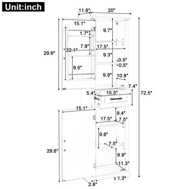 Alt view image 3 of 7 - Tall Bathroom Storage Cabinet, Freestanding Storage Cabinet with Two Doors and Adjustable Shelves, Door Shelve Design, MDF Board with Painted Finish, Black