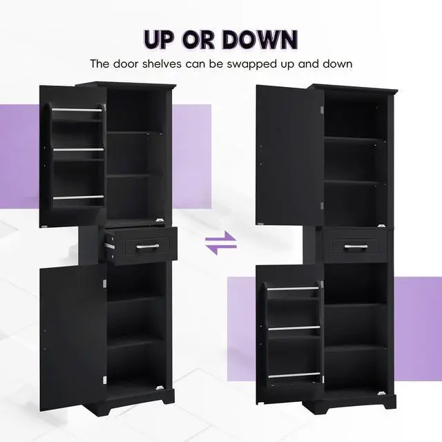 Alt view image 7 of 7 - Tall Bathroom Storage Cabinet, Freestanding Storage Cabinet with Two Doors and Adjustable Shelves, Door Shelve Design, MDF Board with Painted Finish, Black