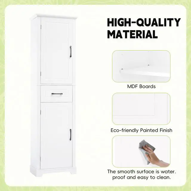 Alt view image 7 of 7 - Tall Bathroom Storage Cabinet, Freestanding Storage Cabinet with Two Doors and Adjustable Shelves, Door Shelve Design, MDF Board with Painted Finish, White