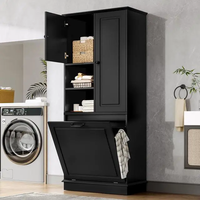 Alt view image 2 of 7 - Tall Storage Cabinet with Adjustable Shelves, Large Flip-Out Basket & Enclosed Cabinets Perfect for Bathroom, Living Room, or Office, MDF Material with Aluminum Alloy Handles