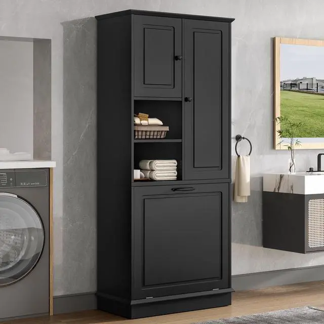 Alt view image 5 of 7 - Tall Storage Cabinet with Adjustable Shelves, Large Flip-Out Basket & Enclosed Cabinets Perfect for Bathroom, Living Room, or Office, MDF Material with Aluminum Alloy Handles