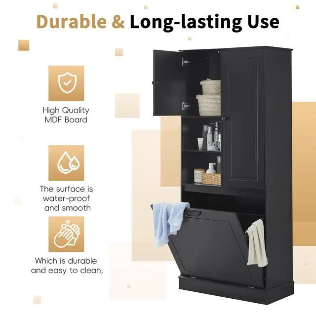 Alt view image 6 of 7 - Tall Storage Cabinet with Adjustable Shelves, Large Flip-Out Basket & Enclosed Cabinets Perfect for Bathroom, Living Room, or Office, MDF Material with Aluminum Alloy Handles