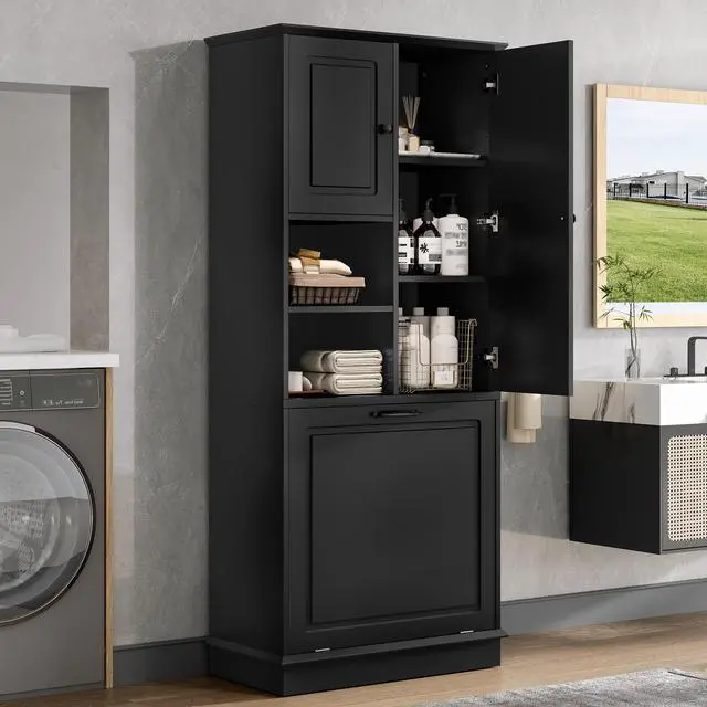 Alt view image 4 of 7 - Tall Storage Cabinet with Adjustable Shelves, Large Flip-Out Basket & Enclosed Cabinets Perfect for Bathroom, Living Room, or Office, MDF Material with Aluminum Alloy Handles
