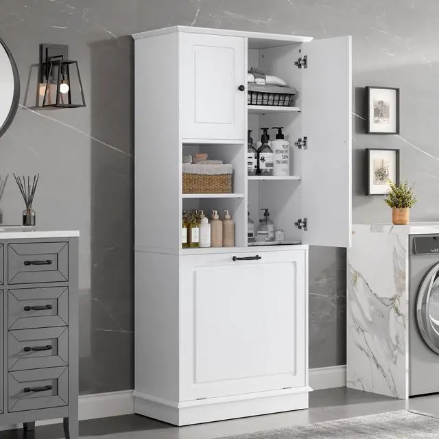 Alt view image 4 of 7 - Tall Storage Cabinet with Adjustable Shelves, Large Flip-Out Basket & Enclosed Cabinets Perfect for Bathroom, Living Room, or Office, MDF Material with Aluminum Alloy Handles
