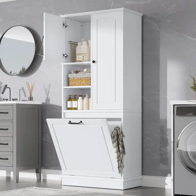 Alt view image 2 of 7 - Tall Storage Cabinet with Adjustable Shelves, Large Flip-Out Basket & Enclosed Cabinets Perfect for Bathroom, Living Room, or Office, MDF Material with Aluminum Alloy Handles