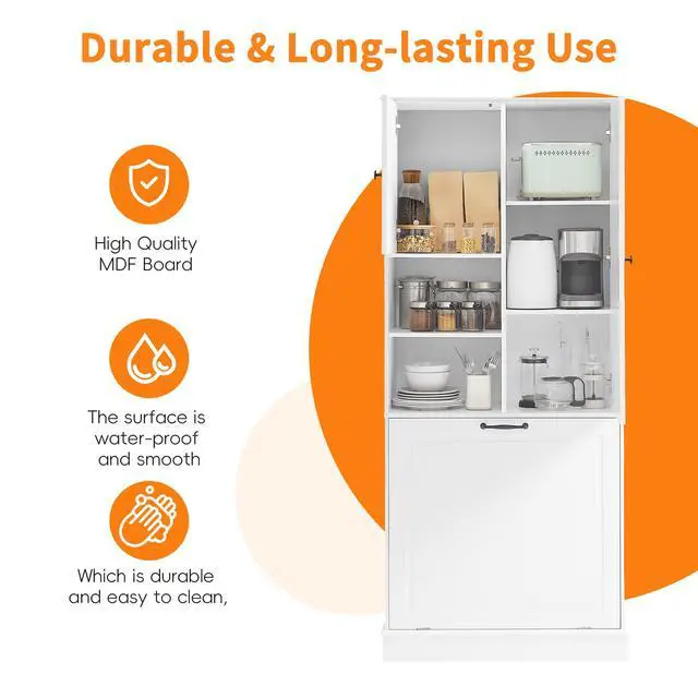 Alt view image 6 of 7 - Tall Storage Cabinet with Adjustable Shelves, Large Flip-Out Basket & Enclosed Cabinets Perfect for Bathroom, Living Room, or Office, MDF Material with Aluminum Alloy Handles