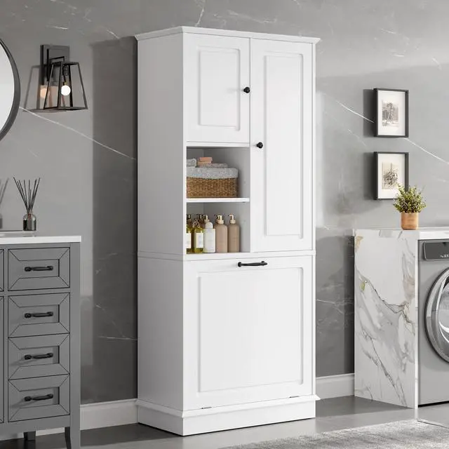 Alt view image 5 of 7 - Tall Storage Cabinet with Adjustable Shelves, Large Flip-Out Basket & Enclosed Cabinets Perfect for Bathroom, Living Room, or Office, MDF Material with Aluminum Alloy Handles