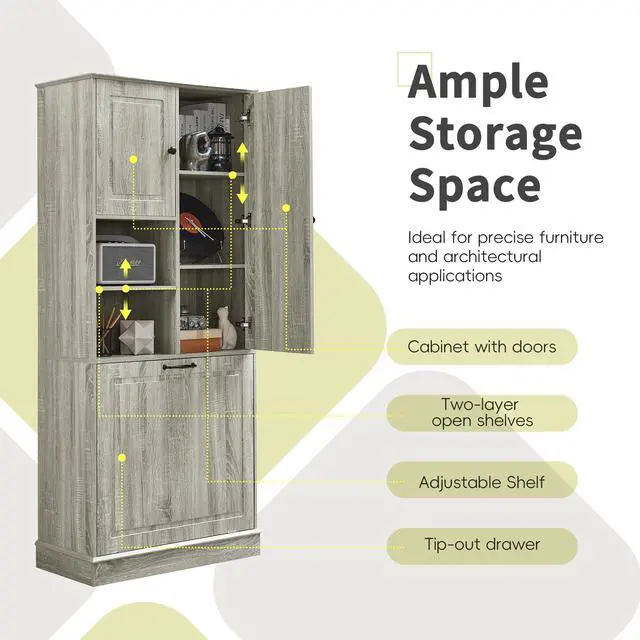 Alt view image 7 of 7 - Tall Storage Cabinet with Adjustable Shelves, Large Flip-Out Basket & Enclosed Cabinets Perfect for Bathroom, Living Room, or Office, MDF Material with Aluminum Alloy Handles