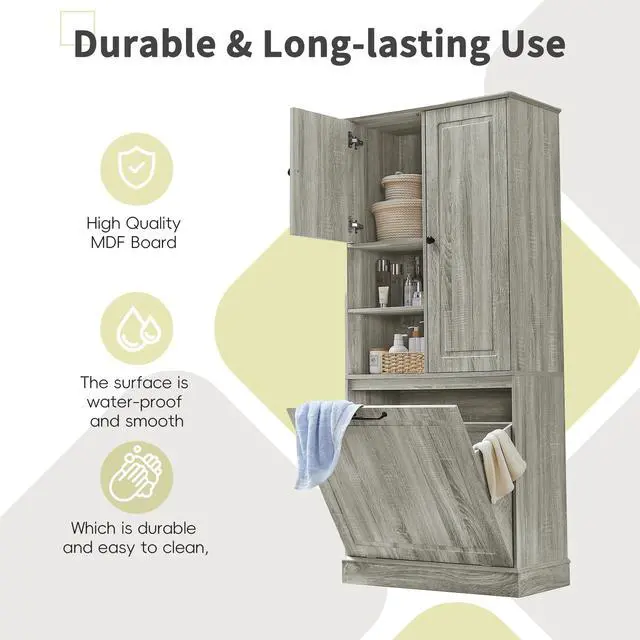 Alt view image 6 of 7 - Tall Storage Cabinet with Adjustable Shelves, Large Flip-Out Basket & Enclosed Cabinets Perfect for Bathroom, Living Room, or Office, MDF Material with Aluminum Alloy Handles