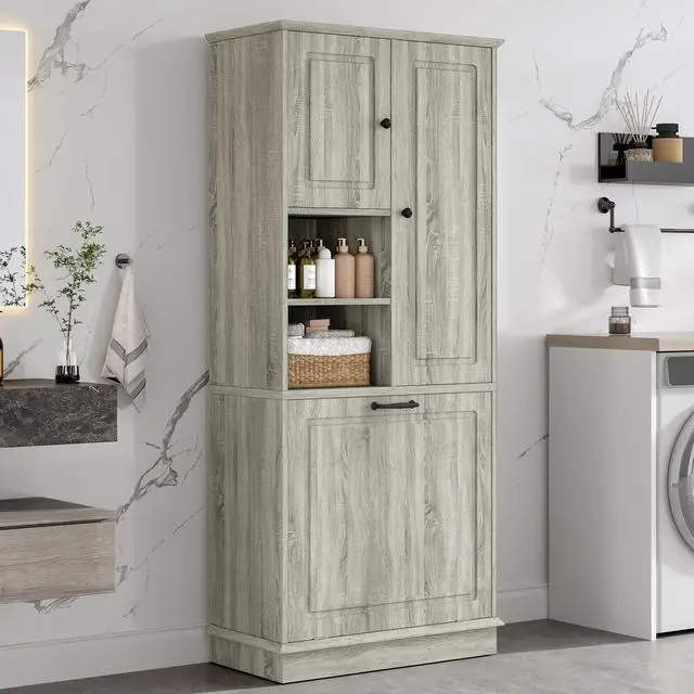 Alt view image 5 of 7 - Tall Storage Cabinet with Adjustable Shelves, Large Flip-Out Basket & Enclosed Cabinets Perfect for Bathroom, Living Room, or Office, MDF Material with Aluminum Alloy Handles